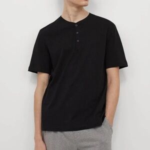 Zara Men Black Short Sleeve Collarless Button Henley Tee